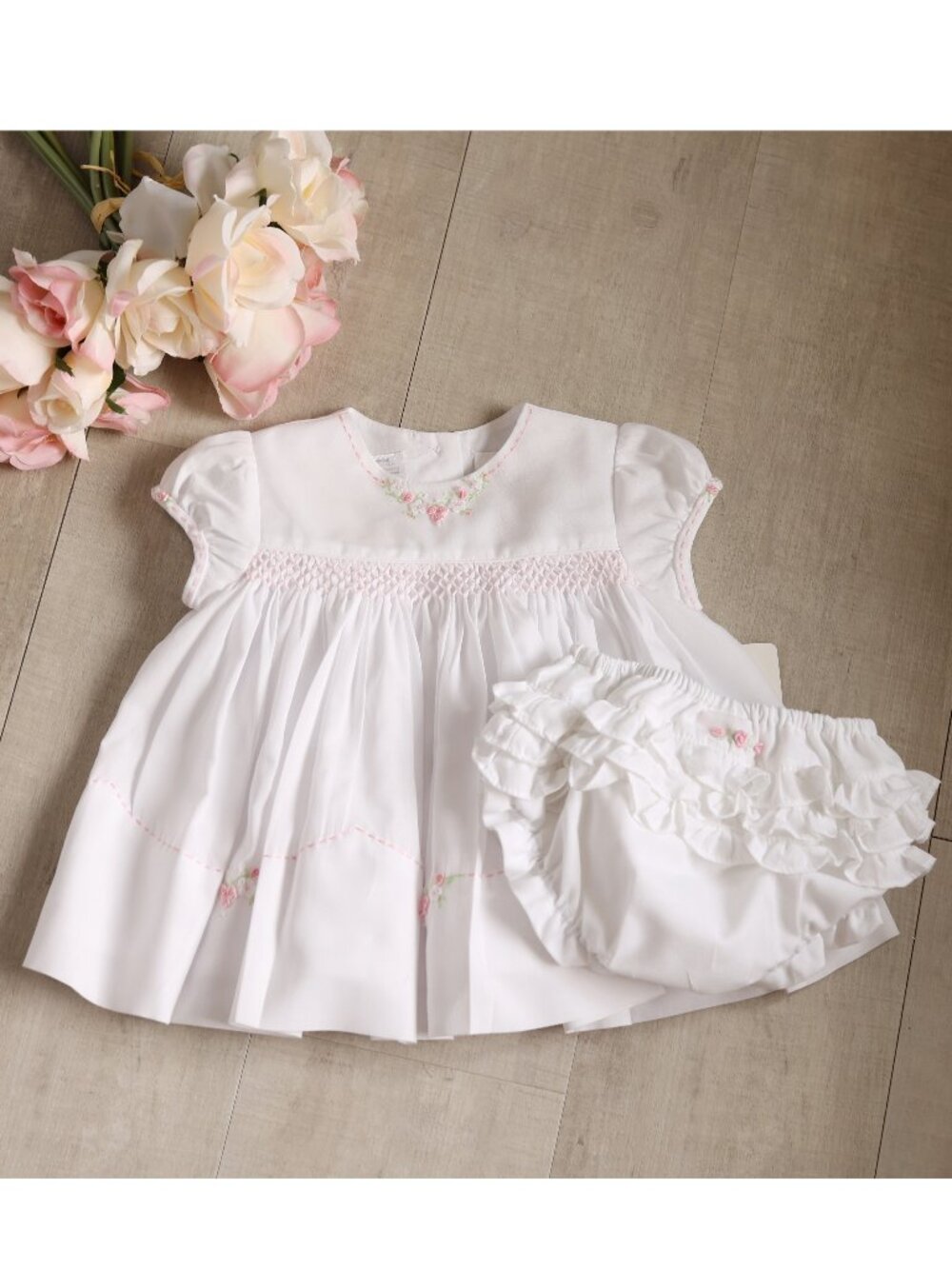 Newborn White Smocked Dress and Ruffled Bloomer Set Pink Embroidery Portrait NEW